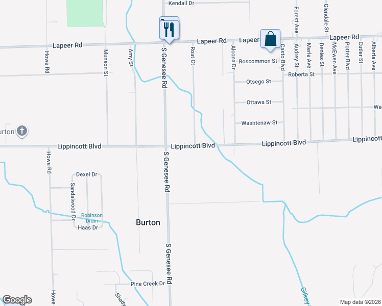 map of restaurants, bars, coffee shops, grocery stores, and more near 5056 Lippincott Boulevard in Burton