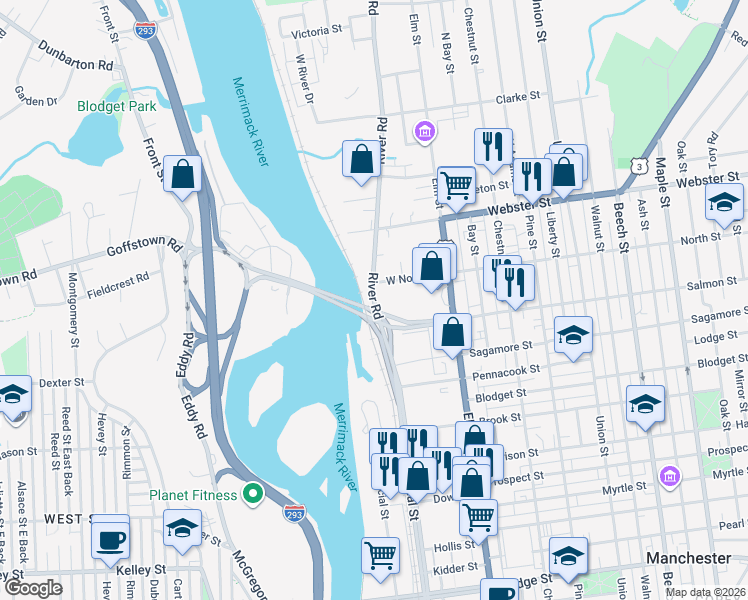 map of restaurants, bars, coffee shops, grocery stores, and more near 13 River Road in Manchester