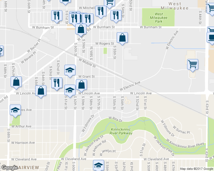 map of restaurants, bars, coffee shops, grocery stores, and more near 2254 S 56th St in West Allis
