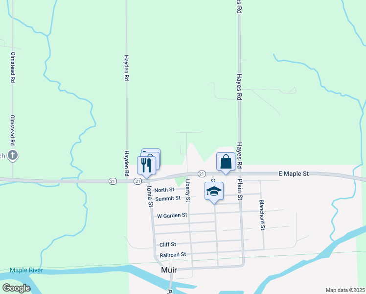 map of restaurants, bars, coffee shops, grocery stores, and more near 6721 Quinn Street in Muir