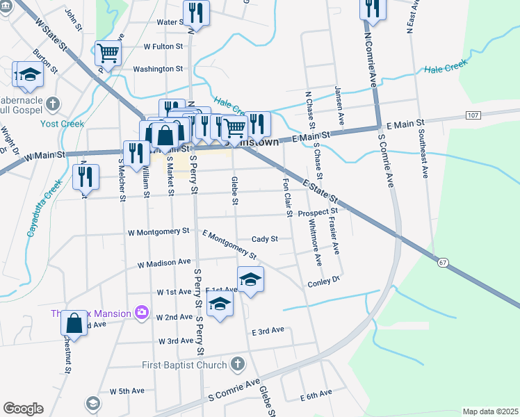 map of restaurants, bars, coffee shops, grocery stores, and more near 109 Prospect St in Johnstown
