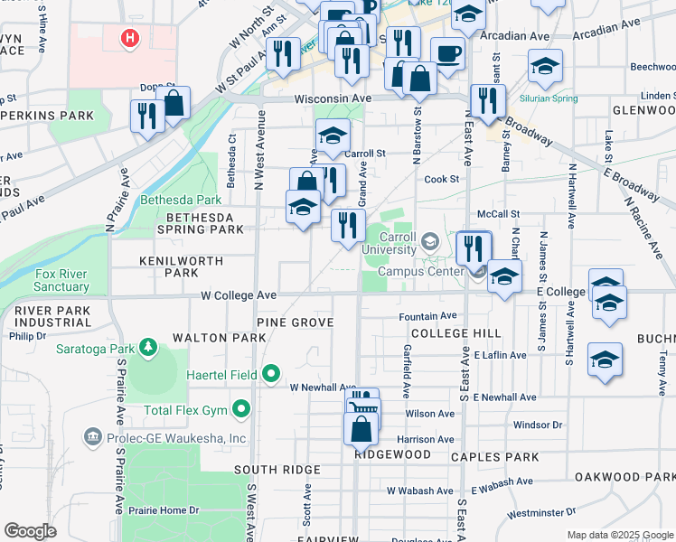 map of restaurants, bars, coffee shops, grocery stores, and more near 122 North Grand Avenue in Waukesha