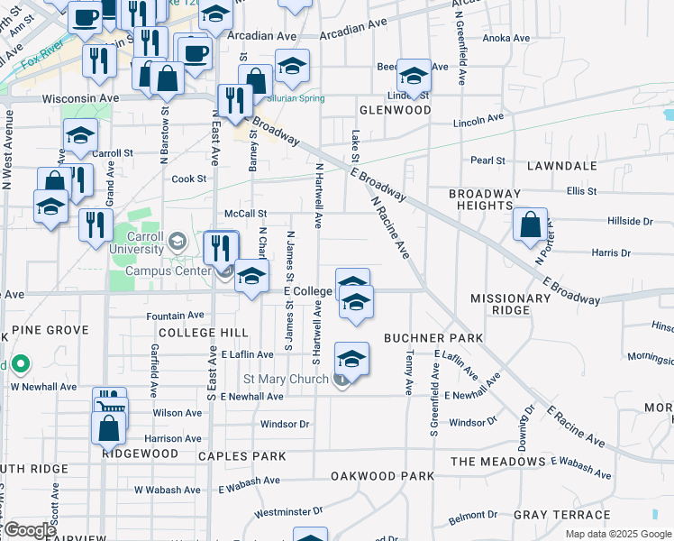 map of restaurants, bars, coffee shops, grocery stores, and more near 515 Brasted Place in Waukesha