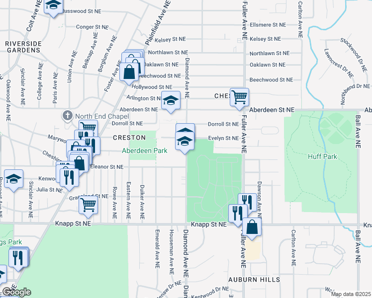 map of restaurants, bars, coffee shops, grocery stores, and more near 2233 Diamond Avenue Northeast in Grand Rapids