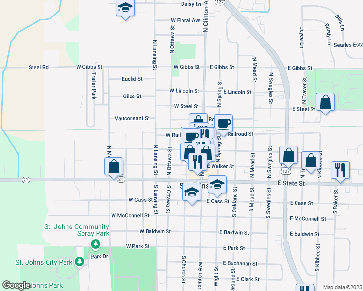 map of restaurants, bars, coffee shops, grocery stores, and more near 200 West Higham Street in Saint Johns