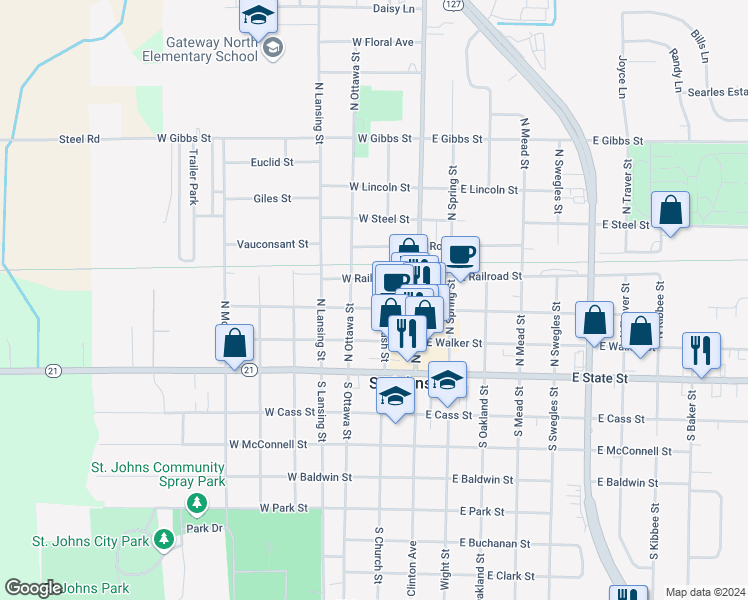 map of restaurants, bars, coffee shops, grocery stores, and more near 200 West Higham Street in Saint Johns