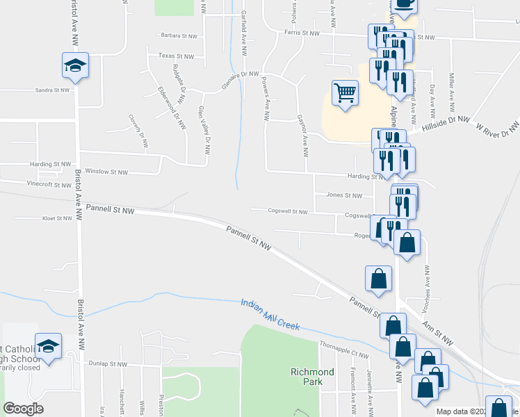 map of restaurants, bars, coffee shops, grocery stores, and more near 1057 Cogswell Street Northwest in Walker
