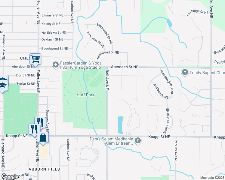 map of restaurants, bars, coffee shops, grocery stores, and more near 2286 Ball Avenue Northeast in Grand Rapids