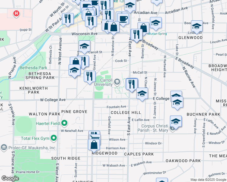 map of restaurants, bars, coffee shops, grocery stores, and more near 107 North Barstow Street in Waukesha