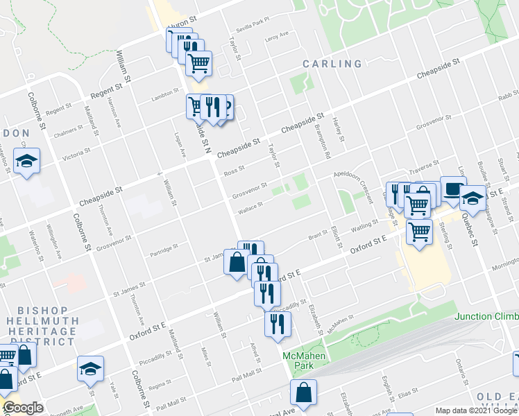 map of restaurants, bars, coffee shops, grocery stores, and more near 625 Wallace Street in London