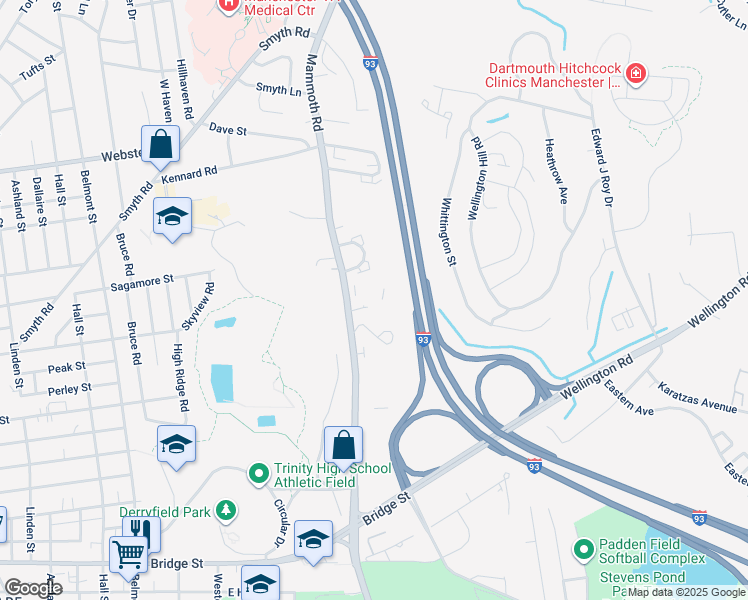 map of restaurants, bars, coffee shops, grocery stores, and more near 891 Mammoth Road in Manchester