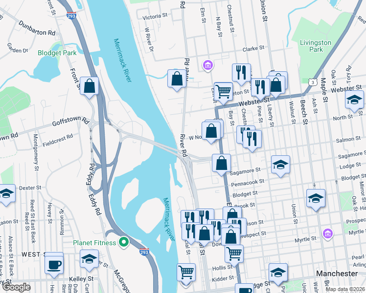 map of restaurants, bars, coffee shops, grocery stores, and more near Amoskeag Street in Manchester
