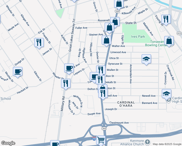 map of restaurants, bars, coffee shops, grocery stores, and more near 25 Clarence Harder Drive in Tonawanda