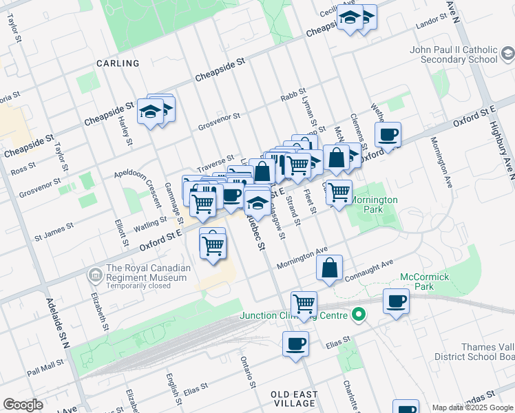 map of restaurants, bars, coffee shops, grocery stores, and more near 977 Oxford Street East in London