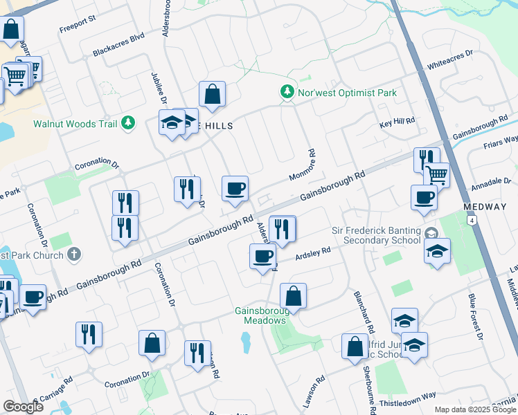 map of restaurants, bars, coffee shops, grocery stores, and more near 1511 Aldersbrook Road in London