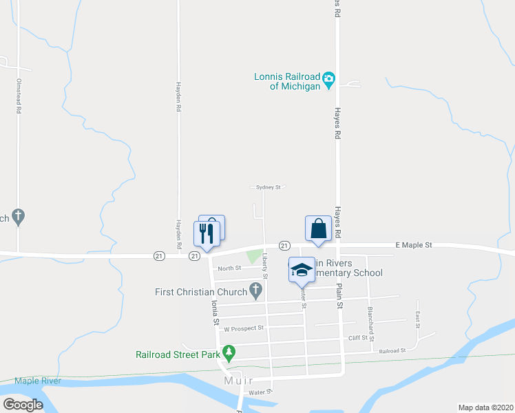 map of restaurants, bars, coffee shops, grocery stores, and more near 6759 Sydney Street in Muir