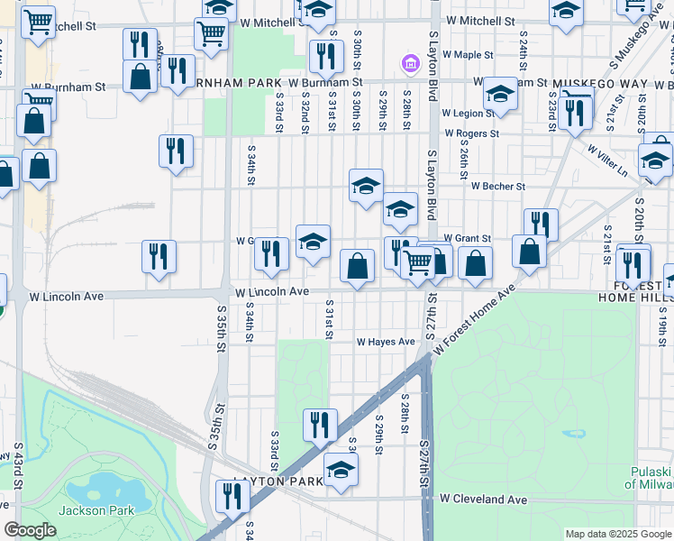 map of restaurants, bars, coffee shops, grocery stores, and more near 2258 South 31st Street in Milwaukee
