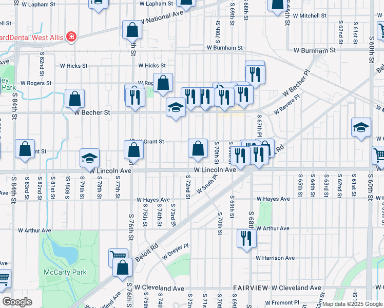 map of restaurants, bars, coffee shops, grocery stores, and more near 2247 South 71st Street in West Allis
