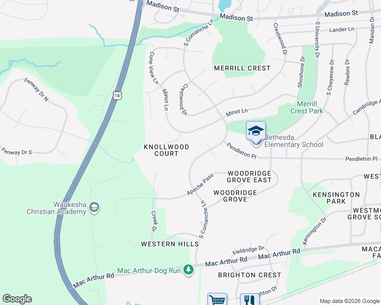map of restaurants, bars, coffee shops, grocery stores, and more near 834 South Comanche Lane in Waukesha