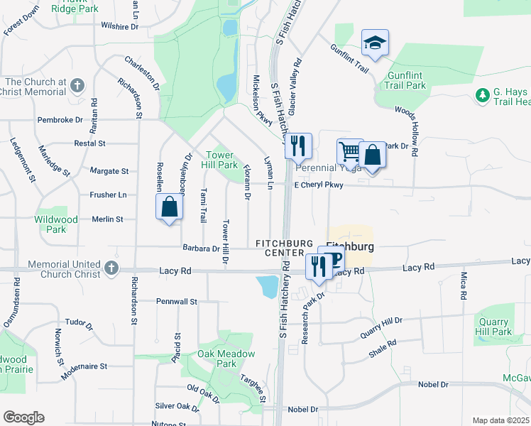 map of restaurants, bars, coffee shops, grocery stores, and more near 2740 Lyman Lane in Fitchburg