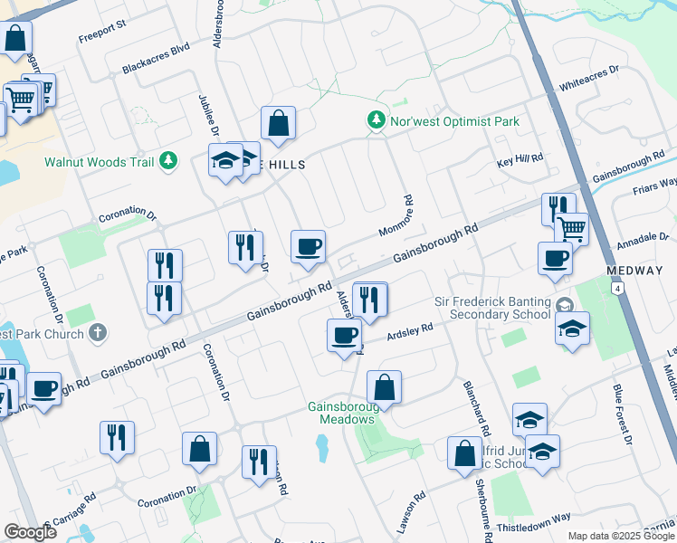 map of restaurants, bars, coffee shops, grocery stores, and more near 1511 Aldersbrook Road in London