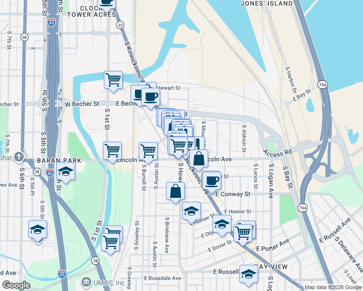 map of restaurants, bars, coffee shops, grocery stores, and more near 2262 South Kinnickinnic Avenue in Milwaukee