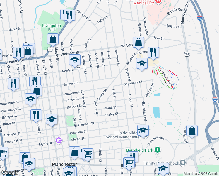 map of restaurants, bars, coffee shops, grocery stores, and more near 123 Smyth Road in Manchester