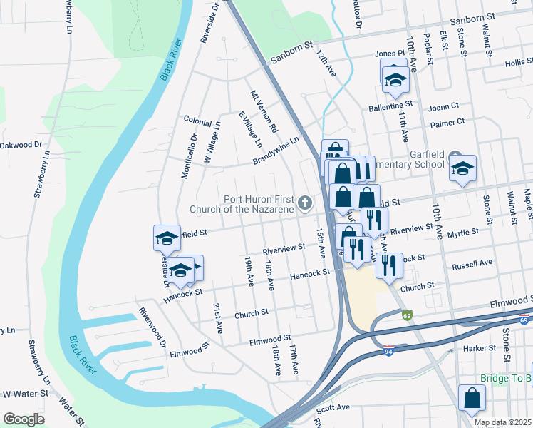 map of restaurants, bars, coffee shops, grocery stores, and more near 2806 18th Avenue in Port Huron