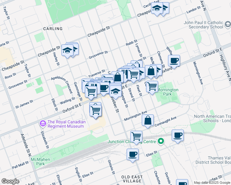 map of restaurants, bars, coffee shops, grocery stores, and more near 814 Quebec Street in London