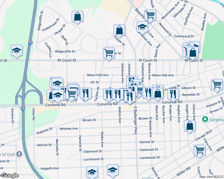 map of restaurants, bars, coffee shops, grocery stores, and more near 1015 Wellman Street in Flint