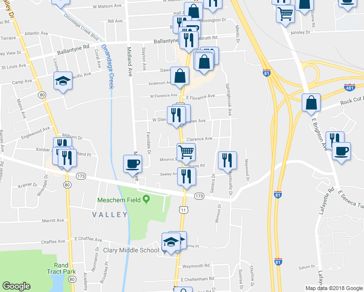 map of restaurants, bars, coffee shops, grocery stores, and more near 4498 South Salina Street in Syracuse