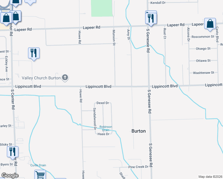 map of restaurants, bars, coffee shops, grocery stores, and more near 4376 Lippincott Boulevard in Burton