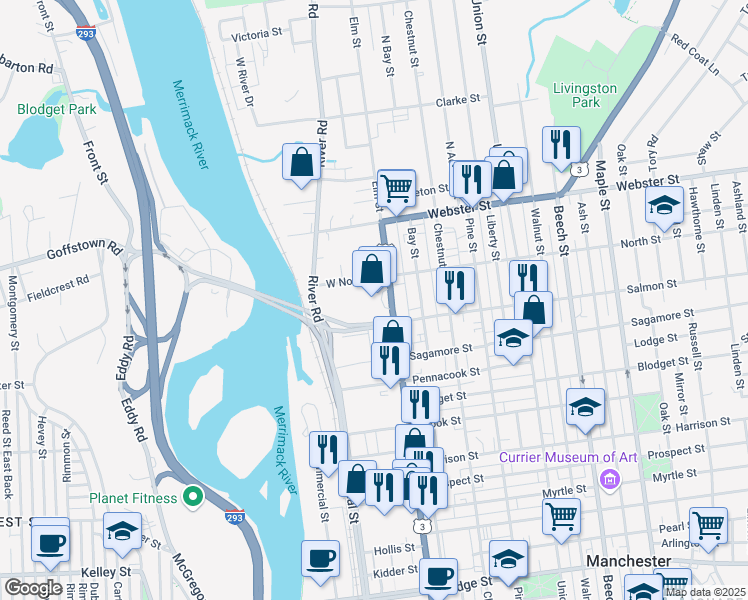map of restaurants, bars, coffee shops, grocery stores, and more near 1750 Elm Street in Manchester