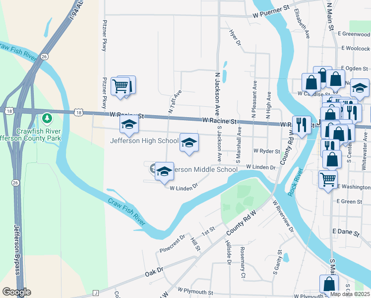 map of restaurants, bars, coffee shops, grocery stores, and more near 700 West Milwaukee Street in Jefferson