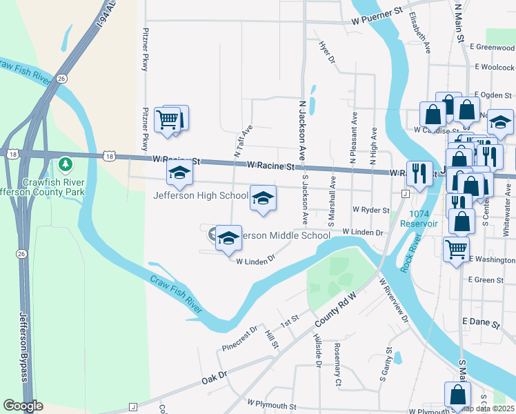 map of restaurants, bars, coffee shops, grocery stores, and more near 700 West Milwaukee Street in Jefferson