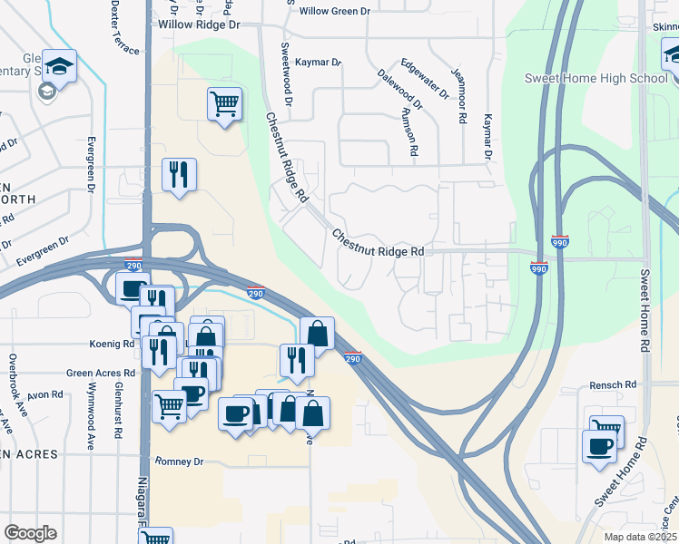 map of restaurants, bars, coffee shops, grocery stores, and more near 4441 Chestnut Ridge Road in Buffalo