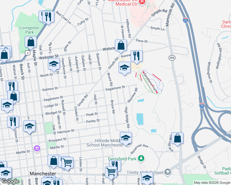 map of restaurants, bars, coffee shops, grocery stores, and more near 171 Bruce Road in Manchester