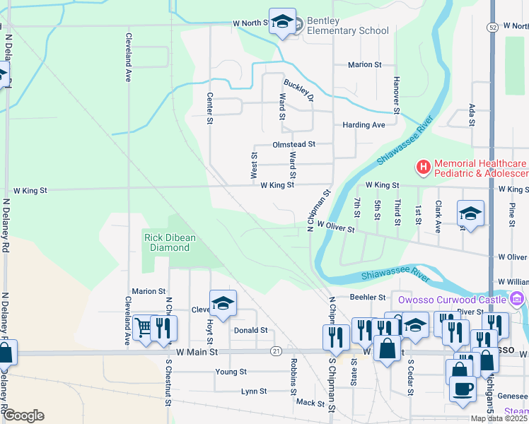 map of restaurants, bars, coffee shops, grocery stores, and more near 1330 West Oliver Street in Owosso