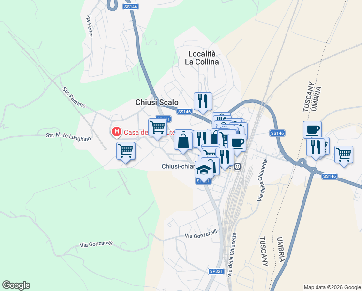 map of restaurants, bars, coffee shops, grocery stores, and more near 16 Piazza XXVI Giugno 1944 in Chiusi Scalo