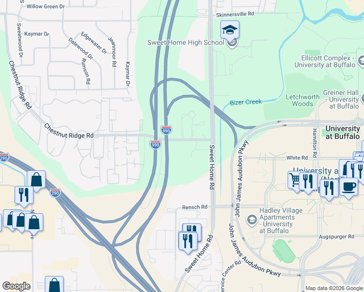 map of restaurants, bars, coffee shops, grocery stores, and more near 4905 Chestnut Ridge Road in Buffalo