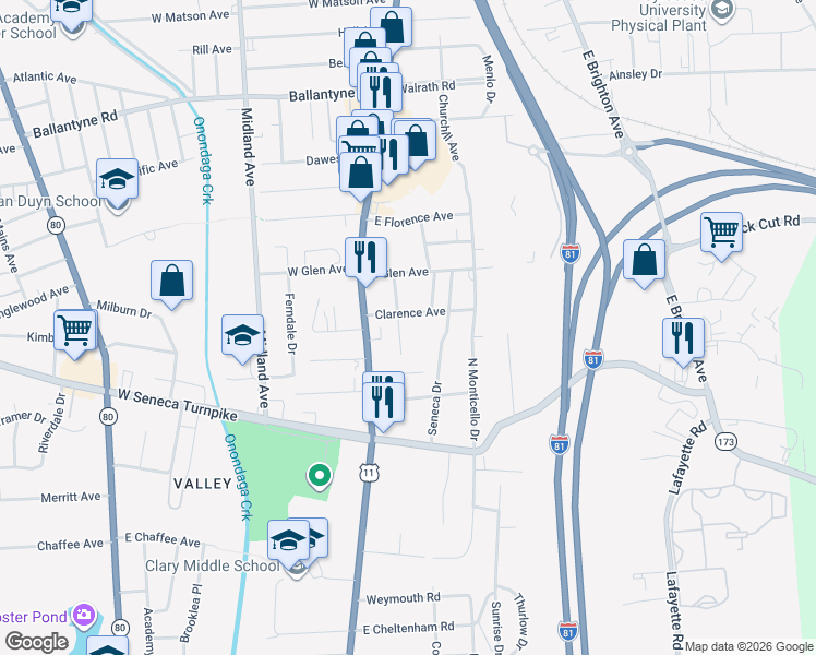 map of restaurants, bars, coffee shops, grocery stores, and more near 335 Randolph Street in Syracuse