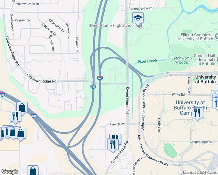 map of restaurants, bars, coffee shops, grocery stores, and more near 4905 Chestnut Ridge Road in Buffalo