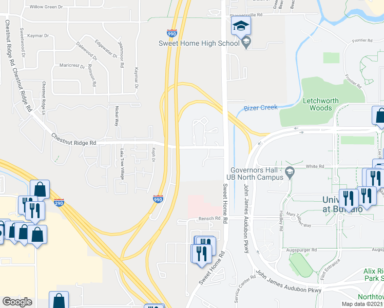map of restaurants, bars, coffee shops, grocery stores, and more near 4905 Chestnut Ridge Road in Buffalo