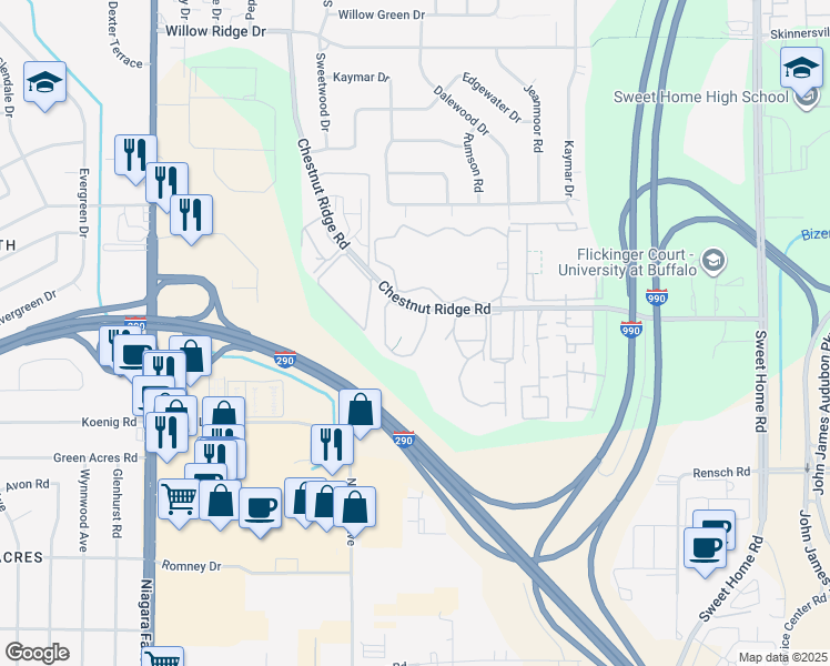 map of restaurants, bars, coffee shops, grocery stores, and more near 4417 Chestnut Ridge Road in Buffalo