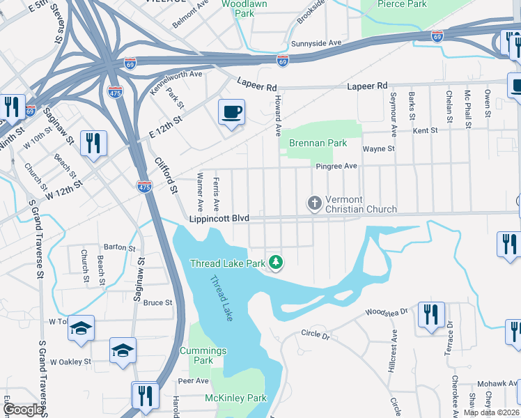 map of restaurants, bars, coffee shops, grocery stores, and more near 821 Lippincott Boulevard in Flint