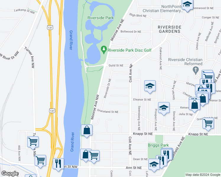 map of restaurants, bars, coffee shops, grocery stores, and more near 2210 Riverside Drive Northeast in Grand Rapids