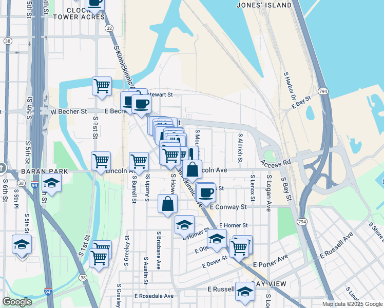 map of restaurants, bars, coffee shops, grocery stores, and more near 2251 South Mound Street in Milwaukee