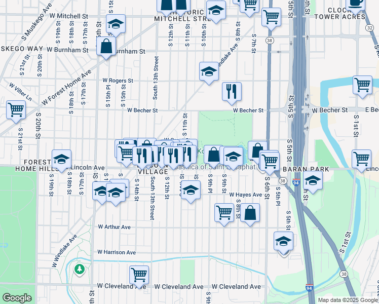 map of restaurants, bars, coffee shops, grocery stores, and more near 2253 South 10th Place in Milwaukee