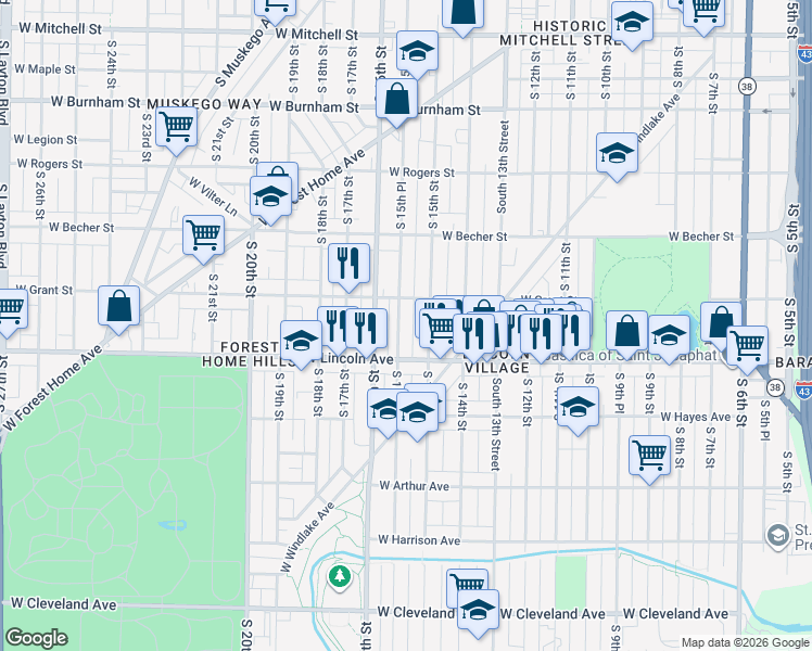map of restaurants, bars, coffee shops, grocery stores, and more near 2253 South 15th Street in Milwaukee