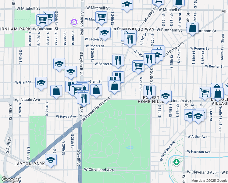 map of restaurants, bars, coffee shops, grocery stores, and more near 2320 West Lincoln Avenue in Milwaukee